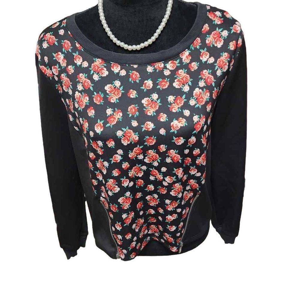 Olsenboye Large Floral Long Sleeve Zipper Detail Blouse